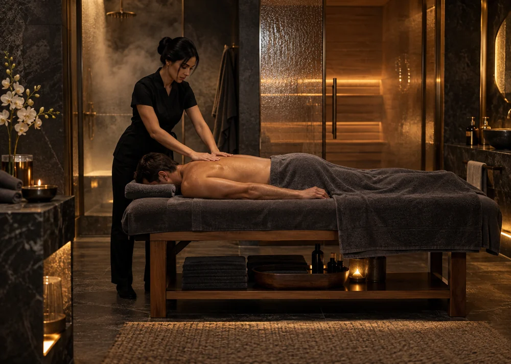 Массаж спины в светлом интерьере SHEIKH SPA